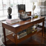 F15. Antique library table with burlwood inlay. 30”h x 54”w x 24”d 